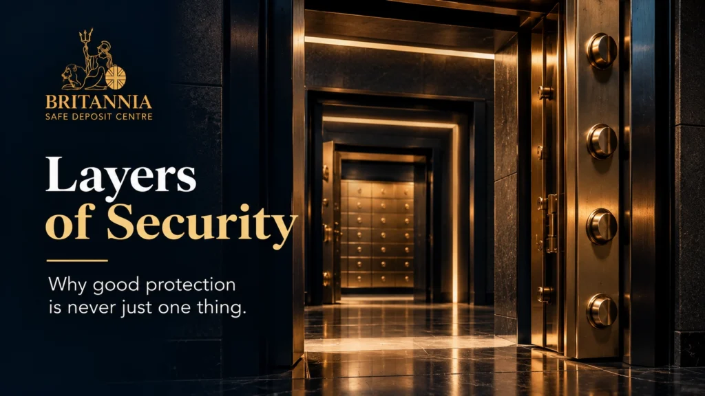 Illustration of layered safe deposit box security, showing reinforced vault doorways and secure storage lockers